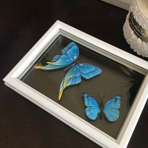Handmade Clear Glass & White Jewelry/Makeup Tray with Suspended Blue Butterflies